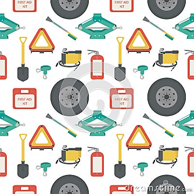 Seamless pattern with lift jack, tow rope, first aid kit, fire extinguisher, spare wheel, shovel, brush. Vector Illustration