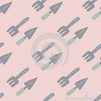 Seamless pattern with light purple garden tool ornament. Soft pink background with check Cartoon Illustration