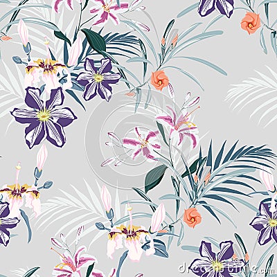 Seamless pattern, light vintage colors palm leaves and pink lilies, clematis and exotic tropical paradise flowers on vintage blue Cartoon Illustration
