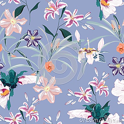 Seamless pattern, light vintage colors palm leaves and pink lilies, clematis and exotic tropical paradise hibiscus flowers on vint Cartoon Illustration