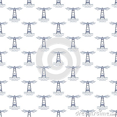 Seamless Pattern with Lighthouse, Line Style Vector Illustration