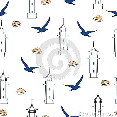 Seamless pattern lighthouse, seashell, gull on white background. Marine elegance repetitive yachting motif, vector eps 10 Vector Illustration