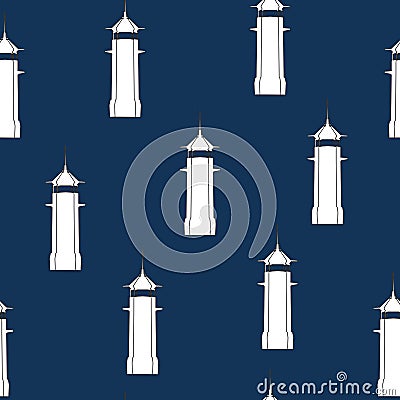 Seamless pattern lighthouse silhouette on navy blue background. Marine weather elegant repetition motif, vector eps 10 Vector Illustration