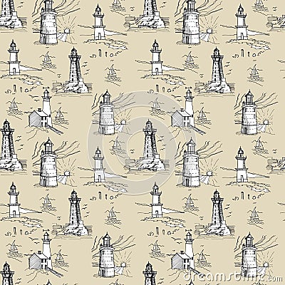 Seamless pattern of lighthouses on a white background. Cartoon Illustration