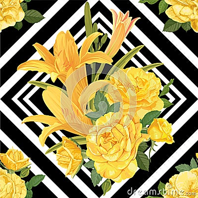 Seamless pattern of lilies flower with yellow rose on black and white graphic geometric background. Vector Illustration