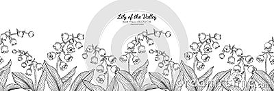 Seamless pattern Lily of the valley flower and leaf hand drawn botanical illustration with line art Vector Illustration