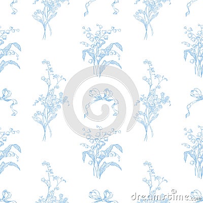 Seamless pattern with Lily of the valley and Forget me not flowers Vector Illustration