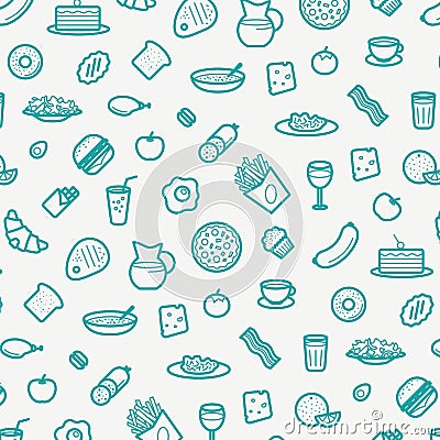 Seamless Pattern With Line Icons of Food Like Sausage, Cake, Donut, Croissant, Bacon, Muffins, Coffee, Salad etc. Vector Illustration