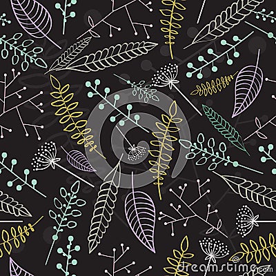 Seamless pattern with linear leaves and branches. Colorful hand drawn texture. background for textile, wrapping paper. Stock Photo