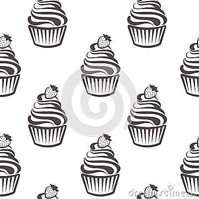 Seamless pattern, linear silhouettes of cupcakes, line art on a white background. Sweet desserts. Food background Vector Illustration