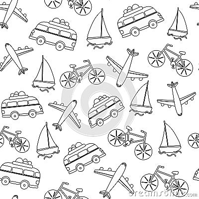 Seamless pattern linear transport. Airplane motorhome bike ship. Vector hand drawn background. It can be used for Vector Illustration