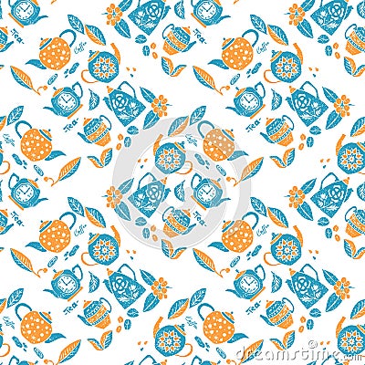 Seamless pattern in lino style, teapots anf leaves Stock Photo