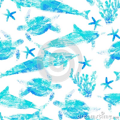 Seamless pattern with linocut prints on the theme of summer travel with turtles and dolphins Stock Photo