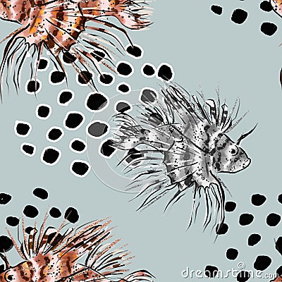 SEAMLESS PATTERN WITH LION FISH ON NEUTRAL GRAY BACKGROUND Stock Photo