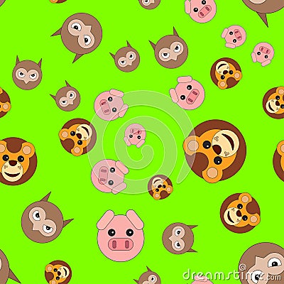 Seamless pattern of lion head pigs and owls Vector Illustration