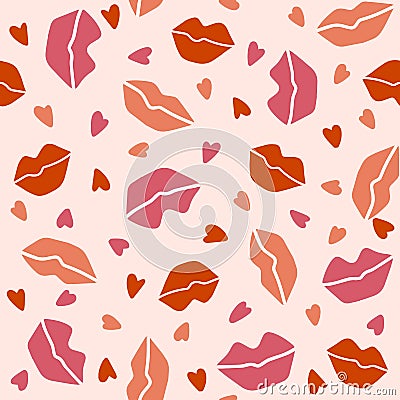 Seamless pattern with lips and hearts on a light pink background Vector Illustration