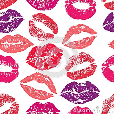 Seamless pattern with lipstick kisses. Colorful lips of red purple and pink shades isolated on a white background.fabric print, wr Vector Illustration