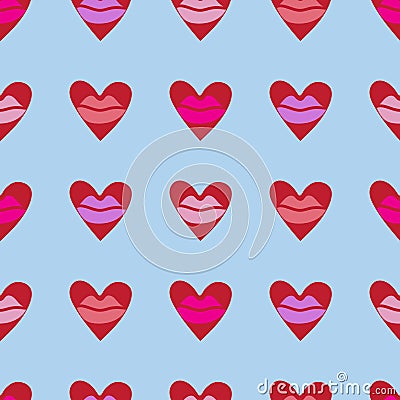 Seamless pattern with lipstick prints and hearts. Valentines day background Vector Illustration