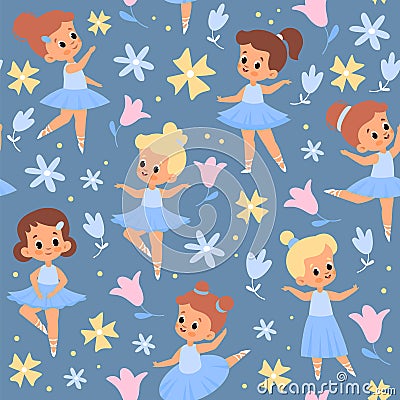 Seamless pattern little ballerinas. Young beautiful dancers in ballet tutus, girls in dresses and pointe shoes, flowers Vector Illustration