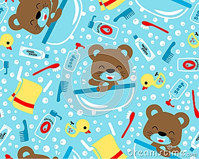 Seamless pattern of little bear in bathtub with bathroom elements Vector Illustration