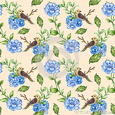 Seamless pattern Little Bird with flowers and plant watercolor Stock Photo