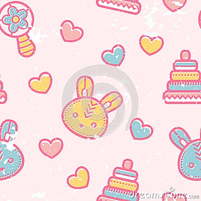 Seamless pattern with little bunnies and pyramid toys Vector Illustration