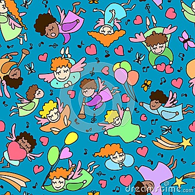 Seamless pattern of little cartoon angels with heart, balloon Vector Illustration