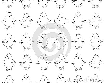 Seamless pattern little chicken art line in vector. Cute chick in cartoon style. Black drawn continuous line. Baby farm Vector Illustration