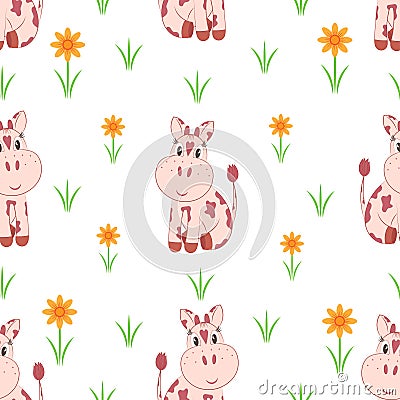 Seamless pattern. Little cows on a flower meadow Vector Illustration