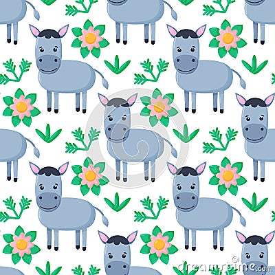 Seamless pattern with little donkey. Kids cute textile print. Vector Illustration