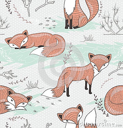 Seamless pattern with little foxes. Stock Photo