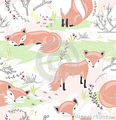 Seamless pattern with little foxes. Cute spring background Vector Illustration