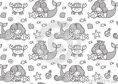 Seamless pattern with little lying mermaid, big fish, krabbe, crown. Vector Illustration