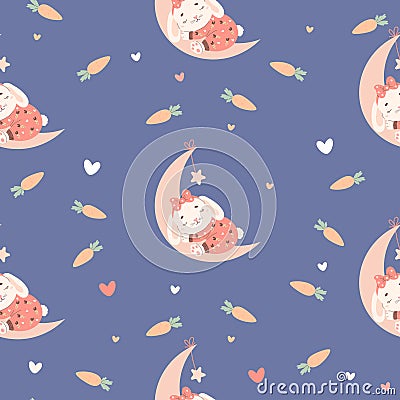 Seamless pattern with little sleeping bunny with pajamas on moon on blue background. Vector illustration for design Vector Illustration