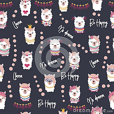 Seamless pattern with llama, alpaca faces. Cute drawings of llama head with hearts, inscription, mountains, cacti, star Stock Photo