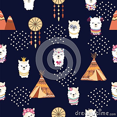 Seamless pattern with llama, alpaca faces. Cute drawings of llama head with hearts, inscription, mountains, cacti, star Vector Illustration