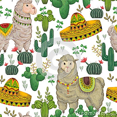 Seamless pattern with llama animal, sombrero, cacti and floral elements. Vector Illustration