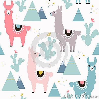 Seamless pattern of llama, cactus and mountains. Vector Illustration