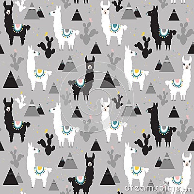 Seamless pattern of llama, cactus and mountains. Vector Illustration