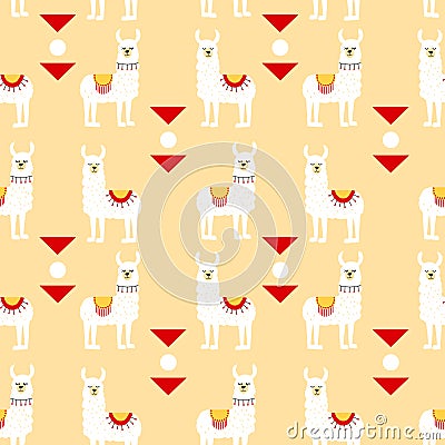 Seamless pattern with llamas in poncho and graphic elements. Trendy cartoon print. Vector Illustration