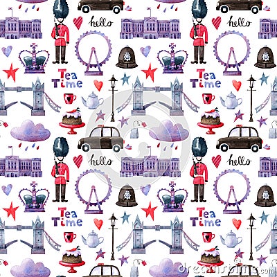 Seamless pattern with London symbols: bridge, ferris wheel, Buckingham palace Cartoon Illustration