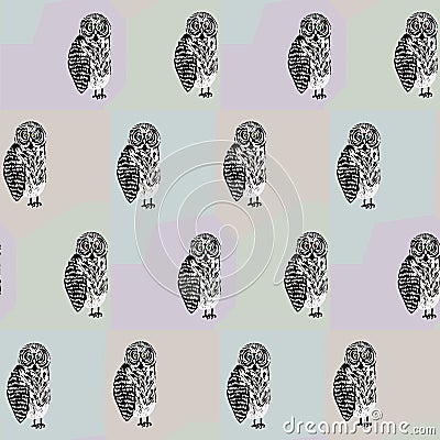 Seamless pattern with looking black and white tawny owl Stock Photo