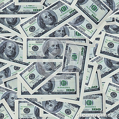 Seamless pattern of a lot of scattered dollars. Stock Photo