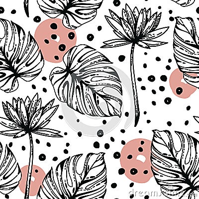 Seamless pattern with lotus flowers, monstera leves and hand drawn dots Vector Illustration