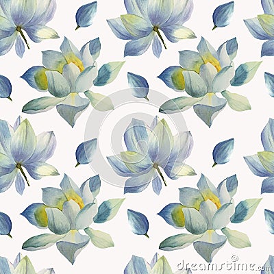 Seamless pattern of Lotus flowers painted in watercolor. Hand drawn on textured paper. Stock Photo