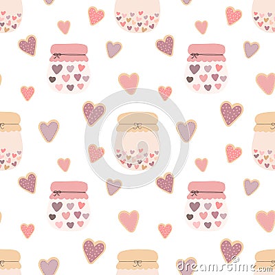 Seamless pattern of love shape hearts cookies, jars of jam on a light background. Vector image for Valentine`s Day, lovers, prints Stock Photo