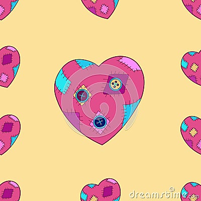 Seamless pattern, love to sew, hobby. Handmade stitched hearts with patches and multicolored buttons. Wrapping gift paper, baby Stock Photo