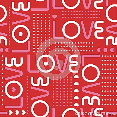 Seamless pattern with love words, and mini hearts with line of circle polka dots in modren style valentines mood design for Stock Photo