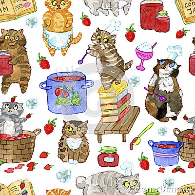 Seamless pattern with lovely bobtail cats cooking jam Cartoon Illustration