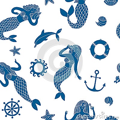 Seamless pattern with lovely cartoon mermaids Stock Photo